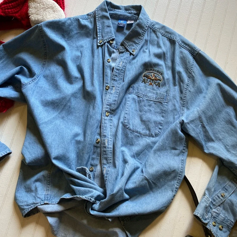 Port And Company Denim Oversized Tops Button Front L
